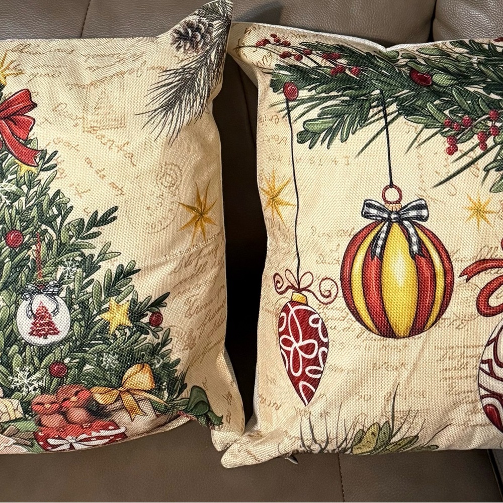 Two Festive Holiday Pillows with Christmas Tree and Ornament Design